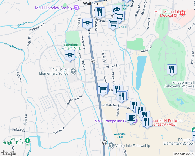 map of restaurants, bars, coffee shops, grocery stores, and more near 42 Kolopua Place in Wailuku