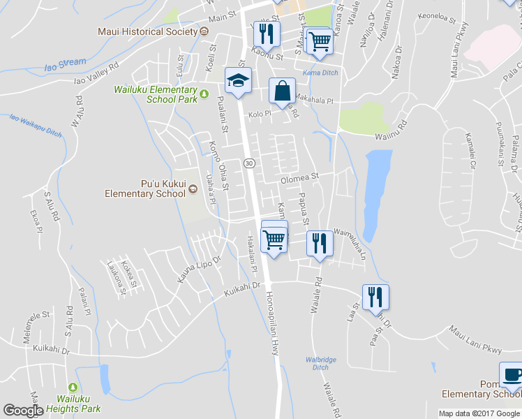 map of restaurants, bars, coffee shops, grocery stores, and more near 42 Kolopua Place in Wailuku