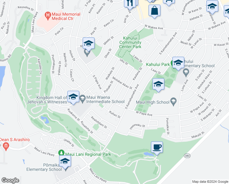 map of restaurants, bars, coffee shops, grocery stores, and more near 597 Pohai Street in Kahului