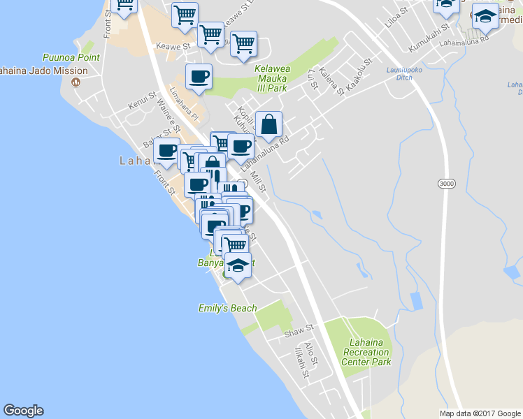 map of restaurants, bars, coffee shops, grocery stores, and more near 266 Dickenson Street in Lahaina