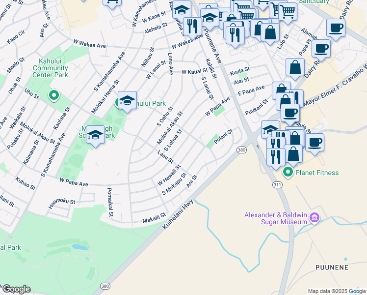 map of restaurants, bars, coffee shops, grocery stores, and more near 217 West Papa Avenue in Kahului