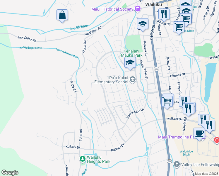 map of restaurants, bars, coffee shops, grocery stores, and more near 75 Pua Kalaunu in Wailuku