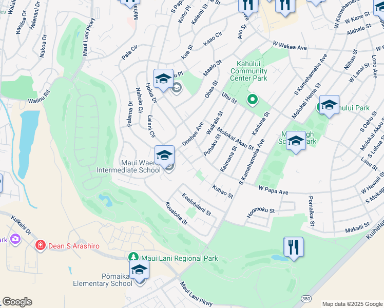 map of restaurants, bars, coffee shops, grocery stores, and more near 650 Kaulu Place in Kahului