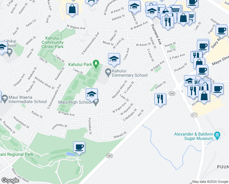 map of restaurants, bars, coffee shops, grocery stores, and more near 504 Laau Street in Kahului