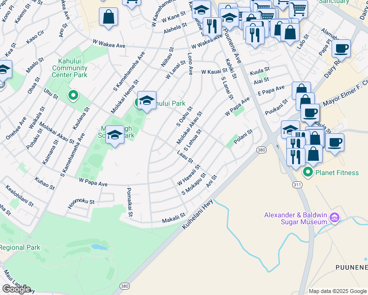 map of restaurants, bars, coffee shops, grocery stores, and more near 264 South Lehua Street in Kahului
