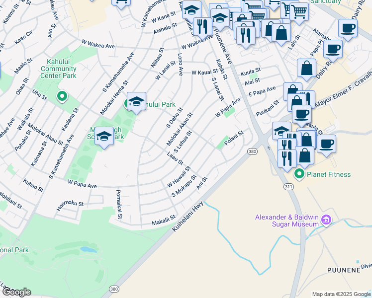 map of restaurants, bars, coffee shops, grocery stores, and more near 230 West Papa Avenue in Kahului