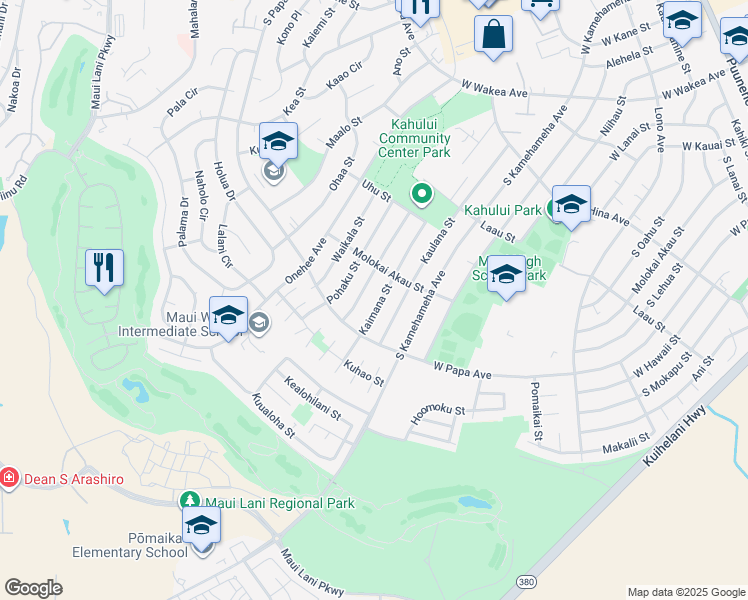 map of restaurants, bars, coffee shops, grocery stores, and more near 590 Kaimana Street in Kahului