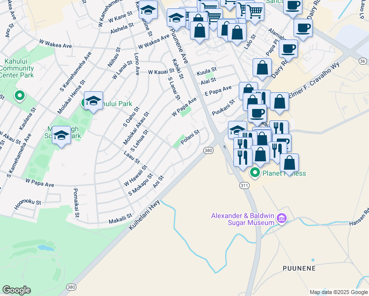 map of restaurants, bars, coffee shops, grocery stores, and more near 64 Meli Place in Kahului