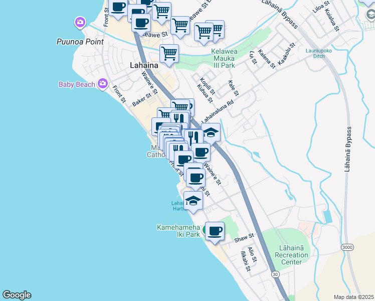 map of restaurants, bars, coffee shops, grocery stores, and more near 176 Panaewa Street in Lahaina