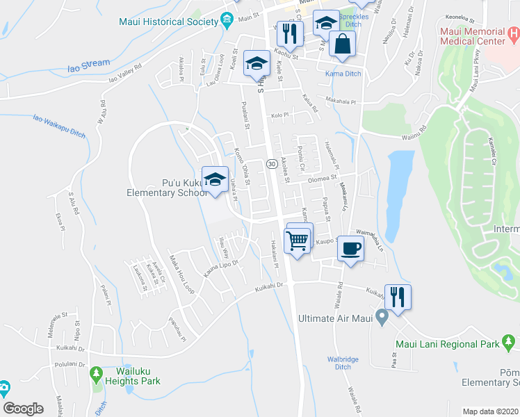 map of restaurants, bars, coffee shops, grocery stores, and more near 19 Kapala'Ia Place in Wailuku