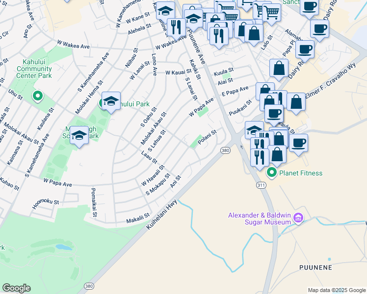 map of restaurants, bars, coffee shops, grocery stores, and more near 154 South Mokapu Street in Kahului