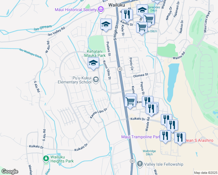 map of restaurants, bars, coffee shops, grocery stores, and more near 672 Koma 'Ohia Street in Wailuku
