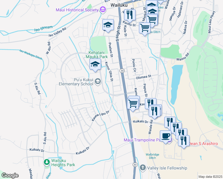 map of restaurants, bars, coffee shops, grocery stores, and more near 672 Koma 'Ohia Street in Wailuku
