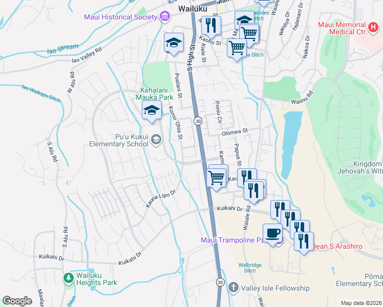 map of restaurants, bars, coffee shops, grocery stores, and more near 679 Koma 'Ohia Street in Wailuku