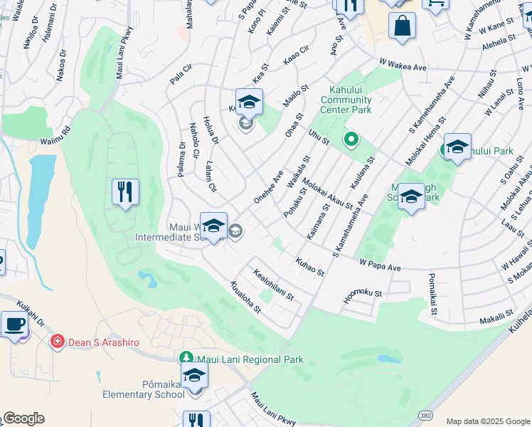 map of restaurants, bars, coffee shops, grocery stores, and more near 650 Kaulu Place in Kahului