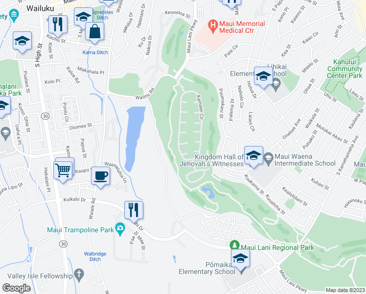map of restaurants, bars, coffee shops, grocery stores, and more near 14 Inoa Po Place in Kahului