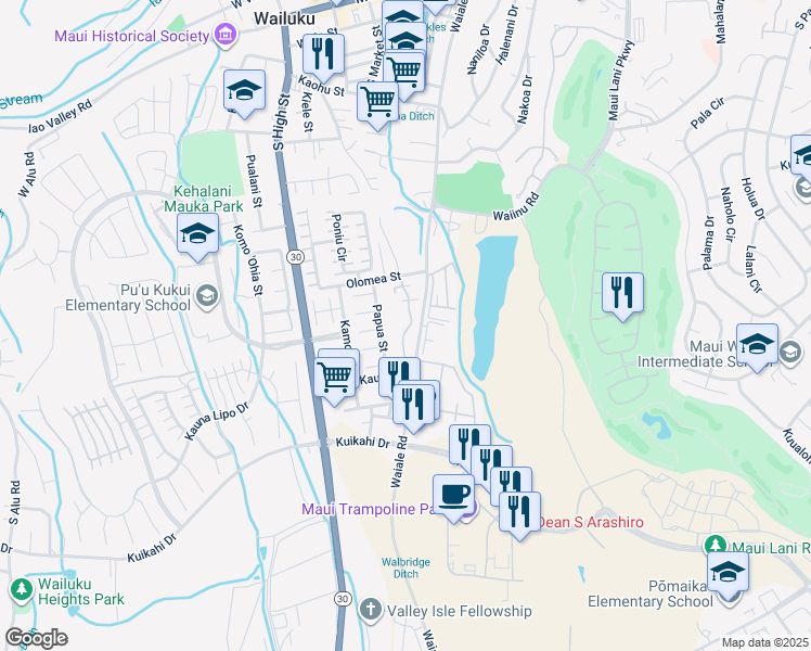 map of restaurants, bars, coffee shops, grocery stores, and more near 642 Meakanu Lane in Wailuku