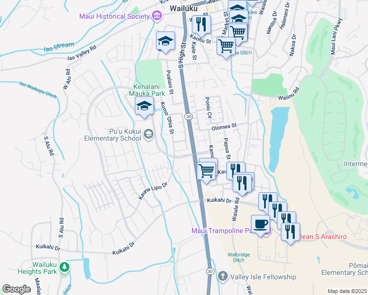 map of restaurants, bars, coffee shops, grocery stores, and more near 29 Kapala'Ia Place in Wailuku
