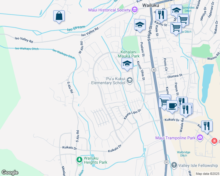 map of restaurants, bars, coffee shops, grocery stores, and more near 76 Pua Kalaunu in Wailuku