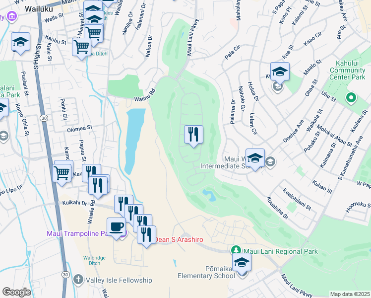 map of restaurants, bars, coffee shops, grocery stores, and more near 14 Inoa Po Place in Kahului