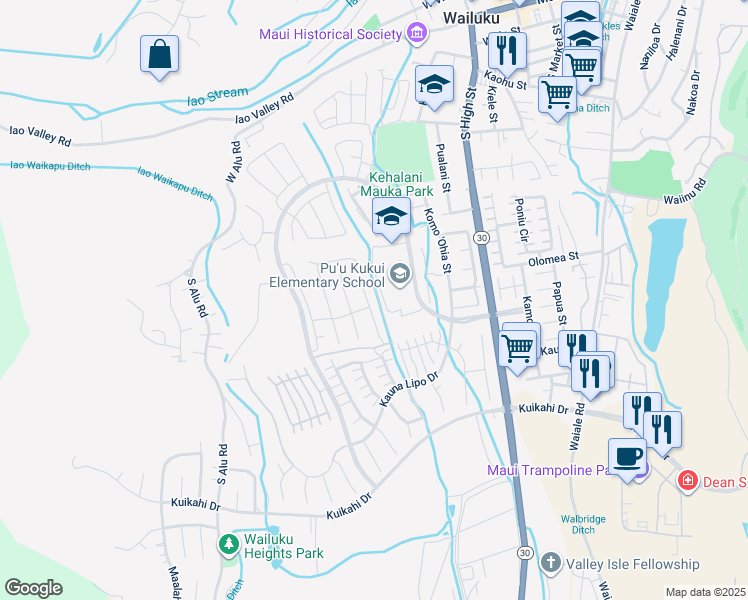map of restaurants, bars, coffee shops, grocery stores, and more near 307 Pua Kalaunu in Wailuku