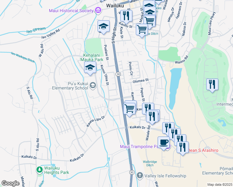map of restaurants, bars, coffee shops, grocery stores, and more near 33 Kapala'Ia Place in Wailuku