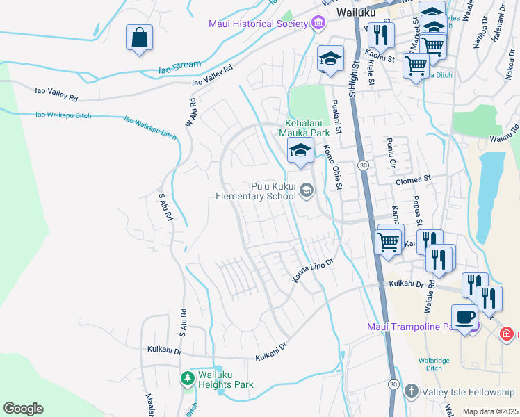 map of restaurants, bars, coffee shops, grocery stores, and more near 76 Pua Kalaunu in Wailuku