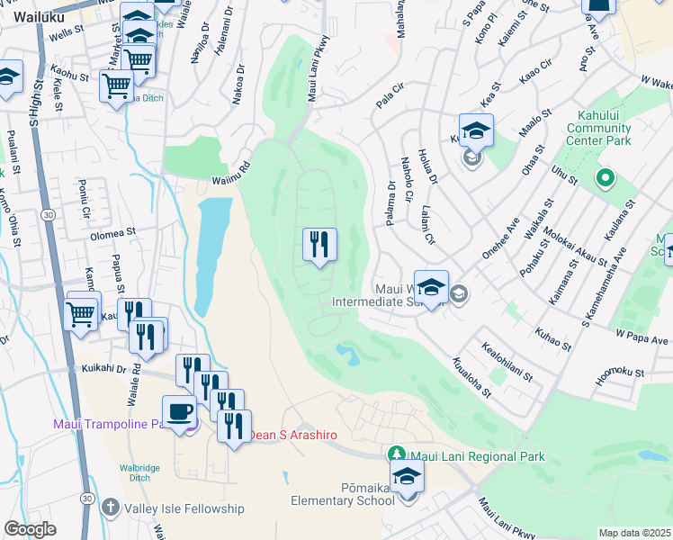 map of restaurants, bars, coffee shops, grocery stores, and more near 189 Kamalei Circle in Kahului