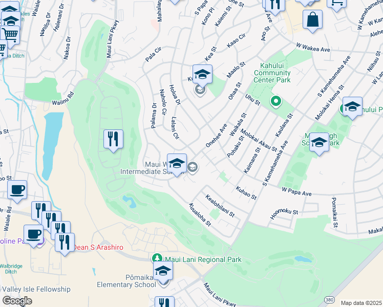 map of restaurants, bars, coffee shops, grocery stores, and more near 764 Lalani Circle in Kahului