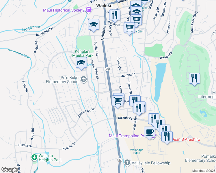 map of restaurants, bars, coffee shops, grocery stores, and more near 39 Kapala'Ia Place in Wailuku