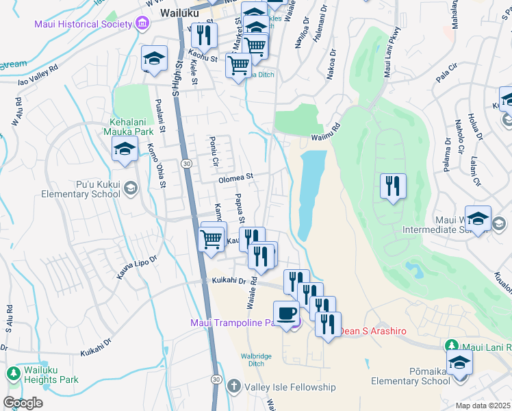 map of restaurants, bars, coffee shops, grocery stores, and more near 633 Meakanu Lane in Wailuku
