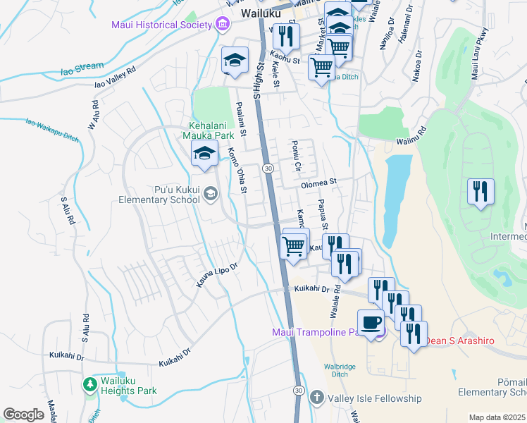 map of restaurants, bars, coffee shops, grocery stores, and more near 33 Kapala'Ia Place in Wailuku