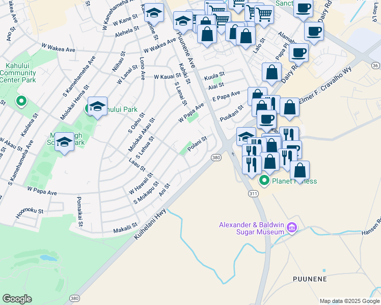 map of restaurants, bars, coffee shops, grocery stores, and more near 125 Polani Street in Kahului