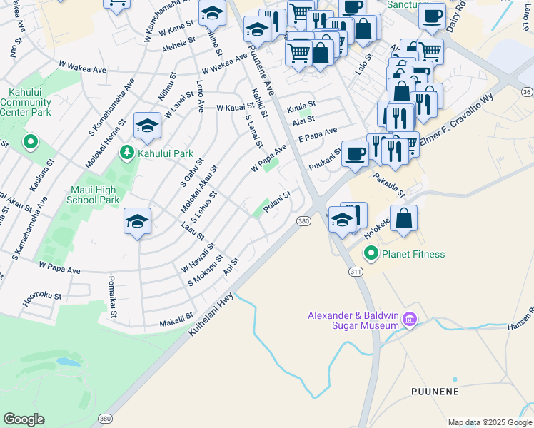 map of restaurants, bars, coffee shops, grocery stores, and more near 125 Polani Street in Kahului