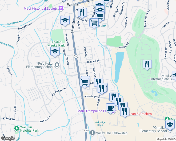 map of restaurants, bars, coffee shops, grocery stores, and more near 1903 Makila Place in Wailuku