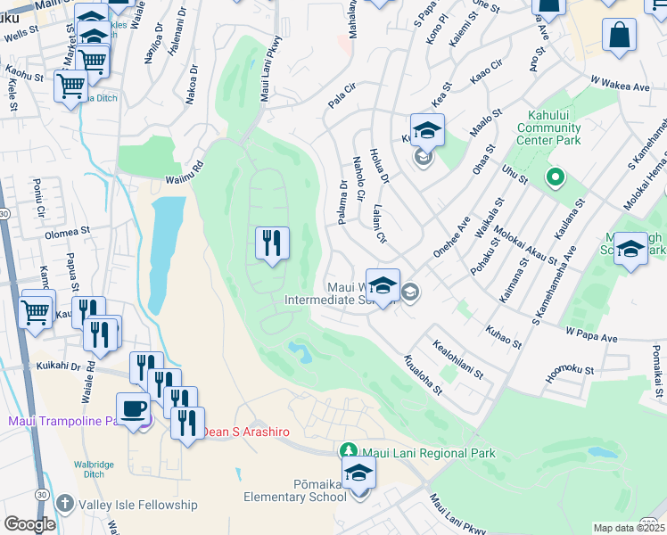 map of restaurants, bars, coffee shops, grocery stores, and more near 207 Puumakani Street in Kahului