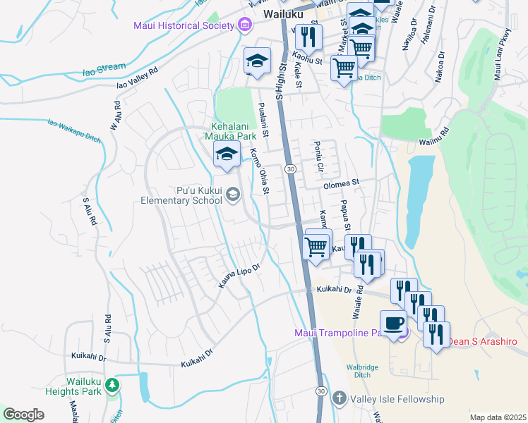 map of restaurants, bars, coffee shops, grocery stores, and more near 668 Koma 'Ohia Street in Wailuku