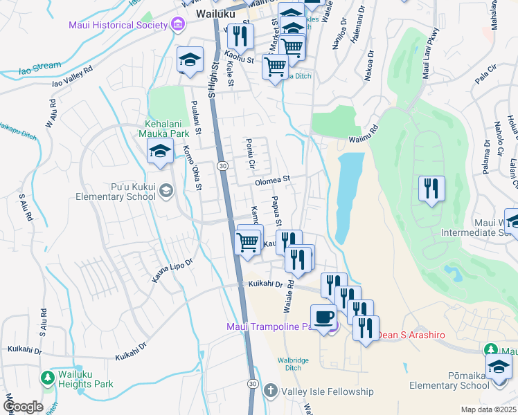 map of restaurants, bars, coffee shops, grocery stores, and more near 1903 Makila Place in Wailuku