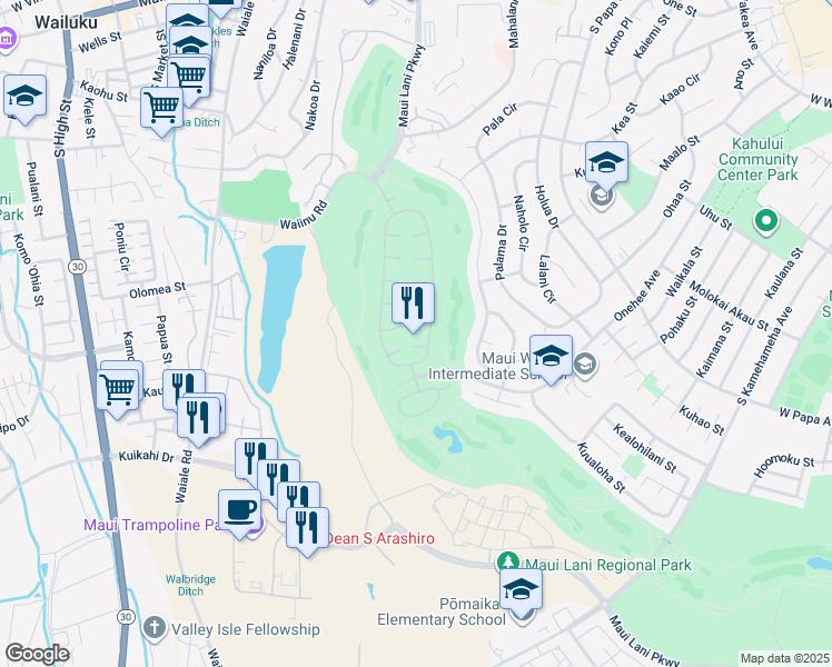map of restaurants, bars, coffee shops, grocery stores, and more near 21 Pahee Place in Kahului