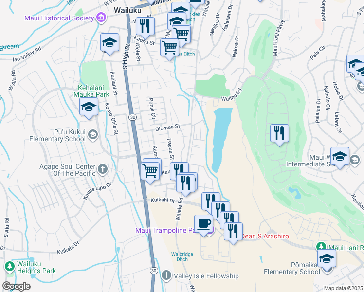 map of restaurants, bars, coffee shops, grocery stores, and more near 636 Meakanu Lane in Wailuku