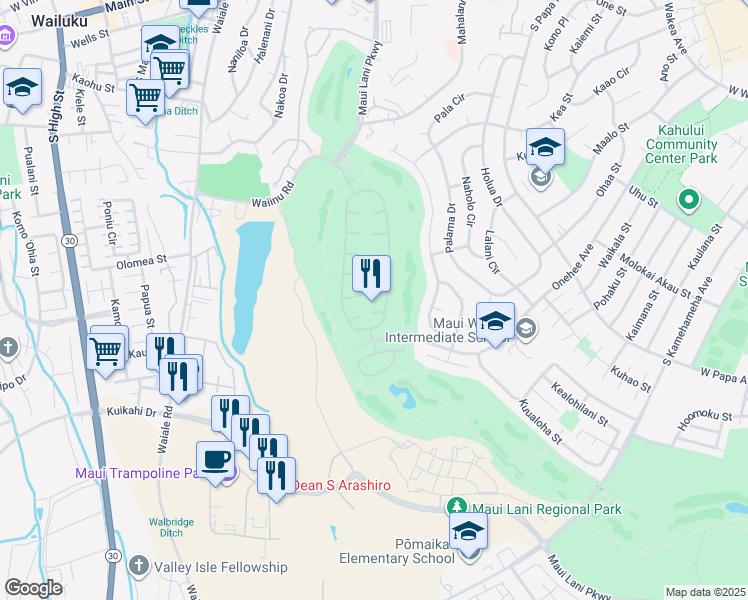 map of restaurants, bars, coffee shops, grocery stores, and more near 21 Pahee Place in Kahului