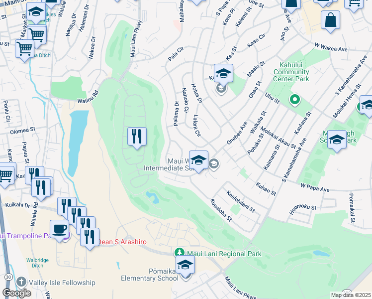 map of restaurants, bars, coffee shops, grocery stores, and more near 176 Huluhulu Street in Kahului