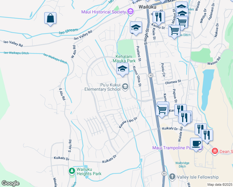 map of restaurants, bars, coffee shops, grocery stores, and more near 301 Pua Kalaunu in Wailuku