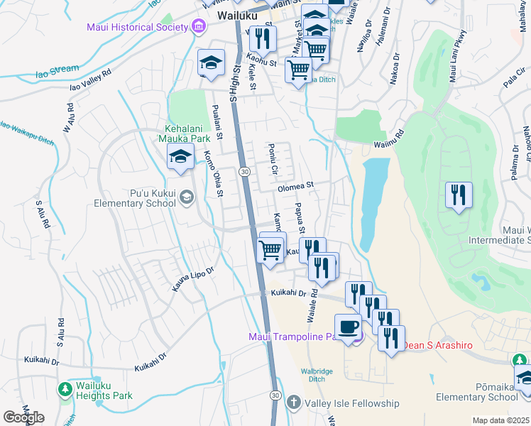 map of restaurants, bars, coffee shops, grocery stores, and more near 36 Hapua Place in Wailuku