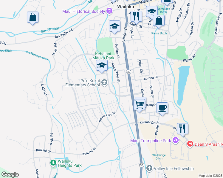 map of restaurants, bars, coffee shops, grocery stores, and more near 23 Uaha'a Place in Wailuku