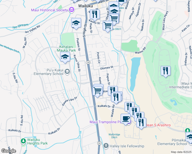 map of restaurants, bars, coffee shops, grocery stores, and more near 36 Hapua Place in Wailuku
