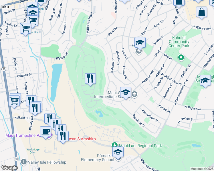 map of restaurants, bars, coffee shops, grocery stores, and more near 210 Puumakani Street in Kahului