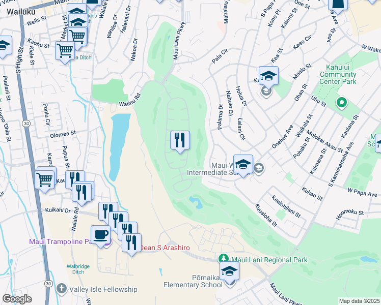 map of restaurants, bars, coffee shops, grocery stores, and more near 189 Kamalei Circle in Kahului