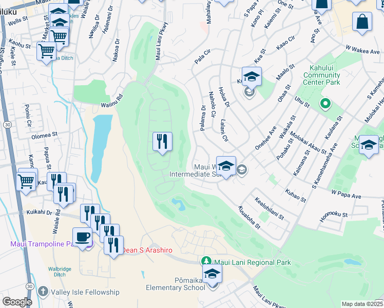 map of restaurants, bars, coffee shops, grocery stores, and more near 210 Puumakani Street in Kahului