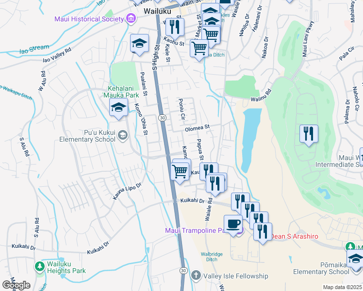 map of restaurants, bars, coffee shops, grocery stores, and more near 37 Hapua Place in Wailuku